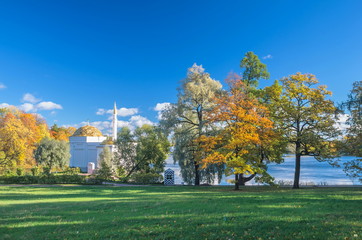 Fototapeta na wymiar Autumn colorful landscape in the Catherine park in Pushkin (Tsarskoe Selo), St.Petersburg, Russia. 