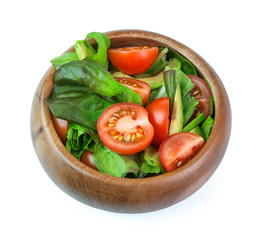 Fresh vegetable salad in wooden bowl Isolated on white background