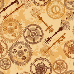 Vintage seamless pattern with gears of clockwork and antique keys on aged paper background. Retro hand drawn vector illustration.