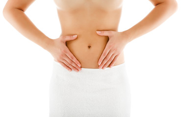 Woman massaging pain stomach isolated on white background