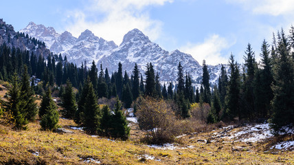 Fototapeta premium Picturesque mountains covered with snow, Chimbulak, Almaty, Kazakhstan.