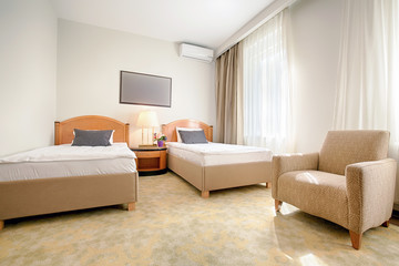 Interior of a double bed hotel room