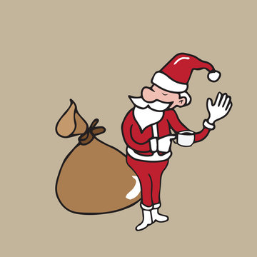 Christmas Santa drinking coffee and sack