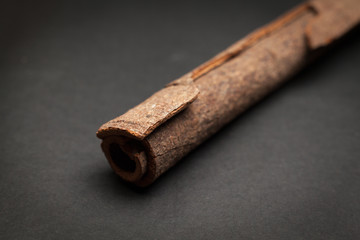 Close up of Organic Cinnamon stick (Cinnamomum verum) on dark background.