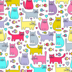 Vector seamless pattern with colorful cats and fish. Funny doodle cats. Cartoon hand drawn pattern for children. Bright colors on white background. - 93676245