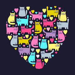 The heart of the cats. Hand drawn funny cats in love. Colorful cute cats and hearts. Pink, yellow, grey and green colors.