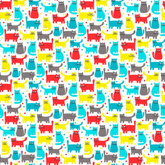 Pattern with cats. Hand drawn seamless pattern with cute colorful cats. Bright colors. Vector background.