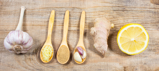 Ginger, lemon, and garlic. Concept for natural medicine.