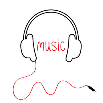Contour black headphones with cord and red word Music. Flat design. White background.