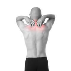 Half-naked man feeling pain in the back