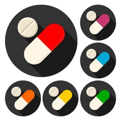 Pills icons set with long shadow