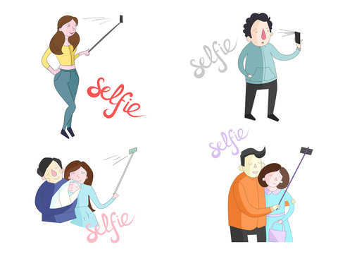 Selfie illustrations of people with smartphones 