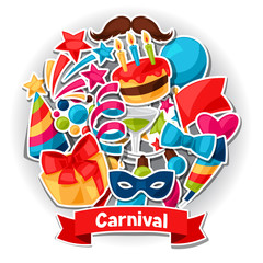 Carnival show and party greeting card with celebration stickers