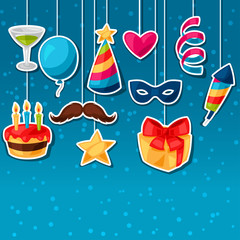 Carnival show and party greeting card with celebration stickers