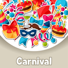 Carnival show and party greeting card with celebration stickers