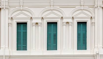 European Style Window with green shutters