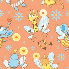 Vector seamless pattern with fairies giraffes, elephants, cats and  hippopotamuses  on a pink background.