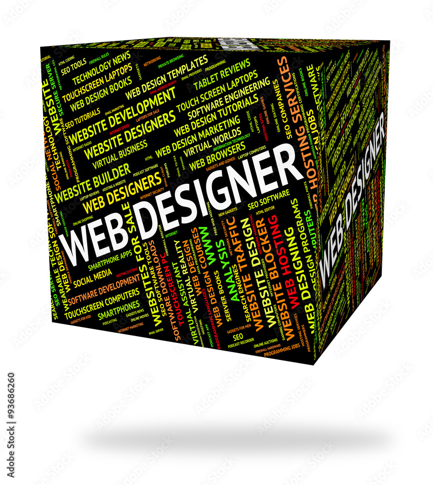 Poster web designer shows words designing and net