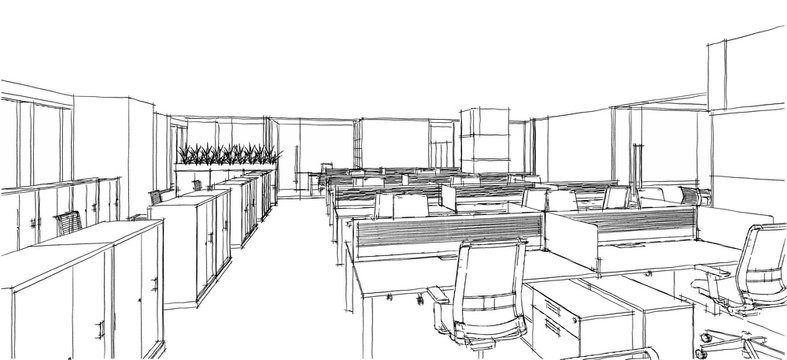 Sketch line from computer generation of the modern interior offi