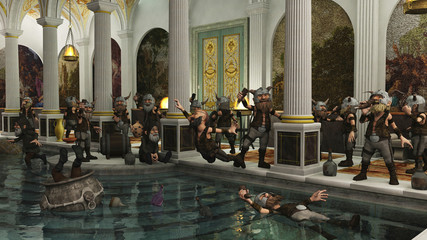 Toon Viking Dwarf Horde partying in a Roman bath house, 3d digitally rendered illustration