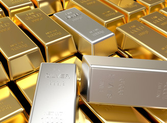 Business and finance background. Stacks of golden and silver bars