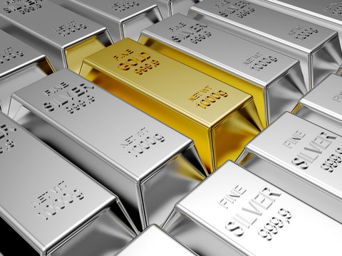 Rows of silver bars and one of golden. Business and financial background 