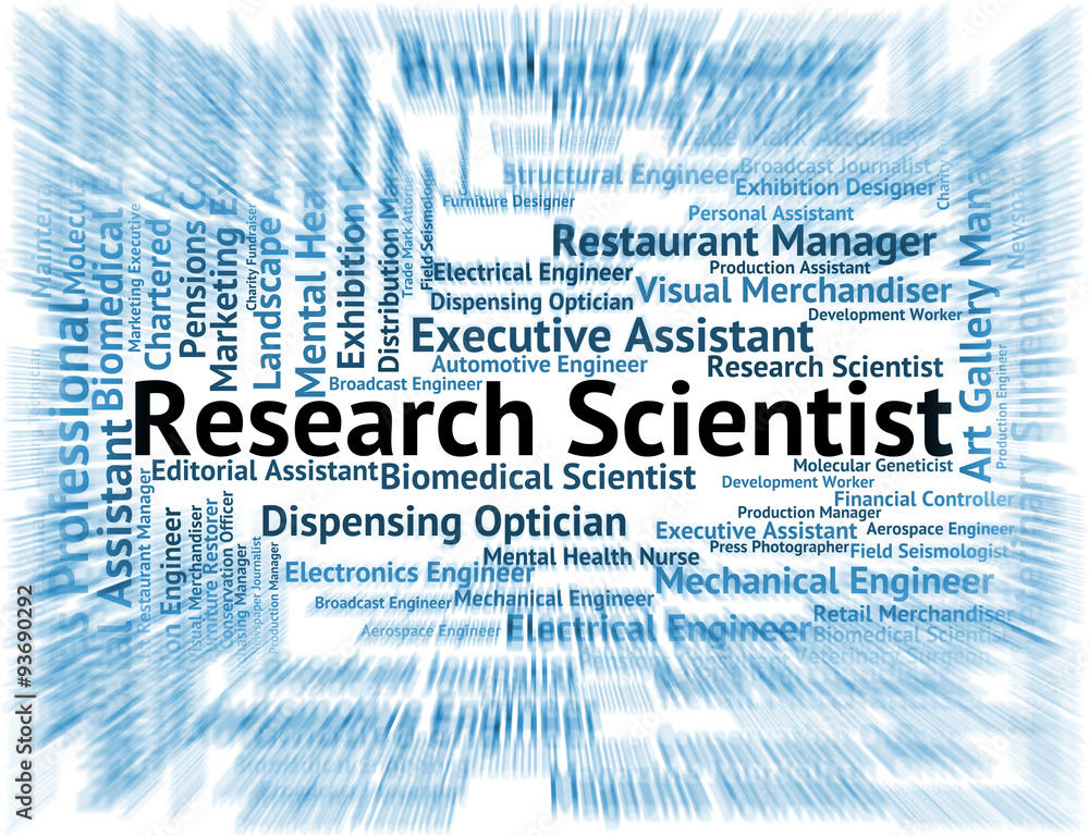 Poster research scientist indicates gathering data and analysis