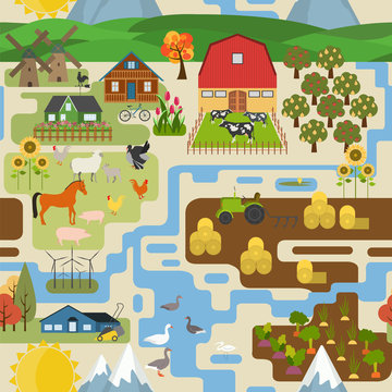 Great city map creator.Seamless pattern map. Village, farm, coun