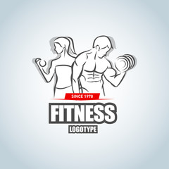 Man and woman Fitness logo template. Gym club logotype. Sport Fitness club creative concept. Bodybuilder Fitness Model Illustration, Sign, Symbol, badge.