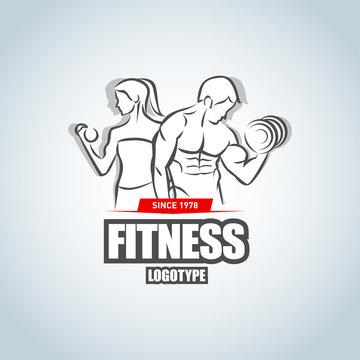 Man and woman Fitness logo template. Gym club logotype. Sport Fitness club creative concept. Bodybuilder Fitness Model Illustration, Sign, Symbol, badge.