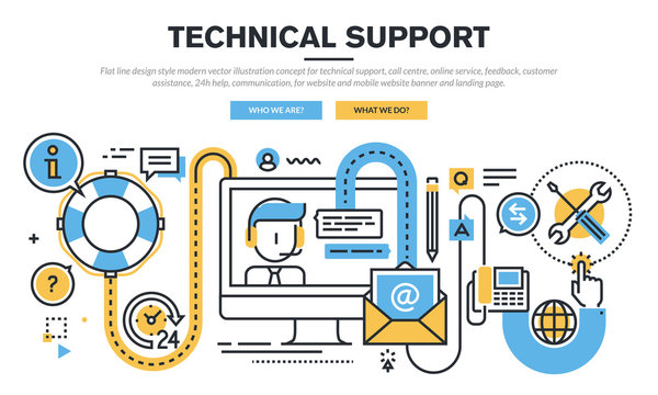 Flat line design vector illustration concept for technical support, call centre, online service, feedback, customer assistance, 24h help, communication, for website banner and landing page.
