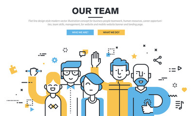 Flat line design style modern vector illustration concept for business people teamwork, human resources, career opportunities, team skills, management, for website banner and landing page.