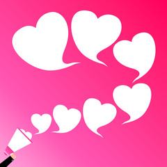 A hand holding megaphone, with hearts speech bubble announcement, love, vector illustration