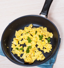 Scrambled egg in a frying pan.