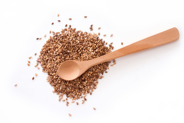 isolated flaxseed and wooden spoon on white background - studio