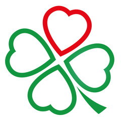 Cloverleaf made of one red heart and three green hearts. Illustration over white background.