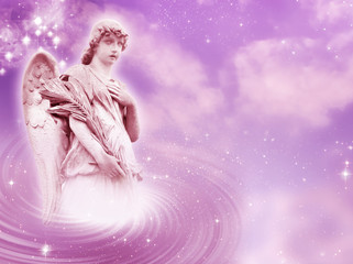 an angel statue over mystical sky with divine light and stars