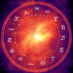 wheel with alchemy and astrology symbols