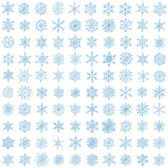 one hundred different blue snowflakes on a white background