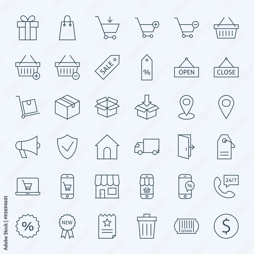 Poster line shopping and e-commerce icons set