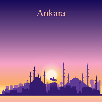 Ankara city skyline silhouette on sunset background