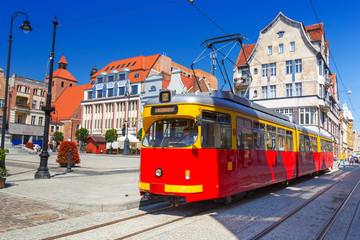 Fototapeta na wymiar Old tram on the street of Grudziadz, Poland