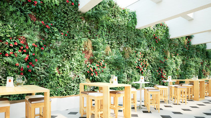 bistro vor vertikalem garten - bistro in front of a vertical garden