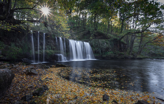 Sgwd Ddwli Uchaf waterfall
Sunburst through the trees at Sgwd Ddwli Uchaf waterfall, South Wales.