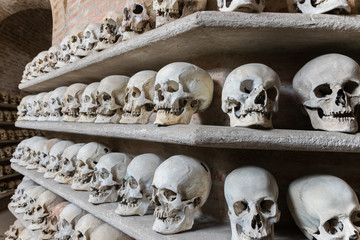 Human skulls inside a catacomb. - 93699625