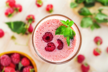 Fruit smoothie, milk shake made of raspberry, top close-up view