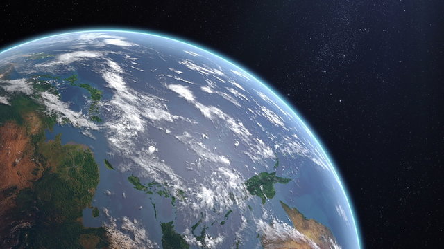 Spining Earth and zoom in. 
Extremely detailed image, including elements furnished by NASA.