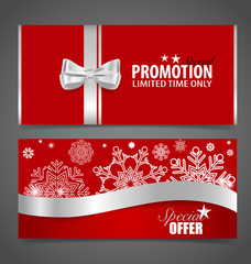 Gift coupons with gift bows and ribbons. Vector illustration.