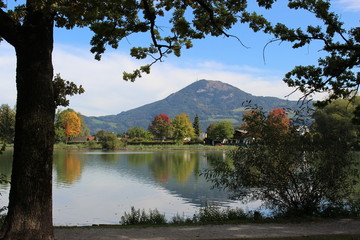 Lake Leopoldskron in the city of Salzburg in Austria, Europe. View of the mountain Gaisberg in the background.