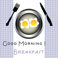 Abstract colorful background with two fried eggs on a plate and the text Good Morning breakfast written bellow. Breakfast theme